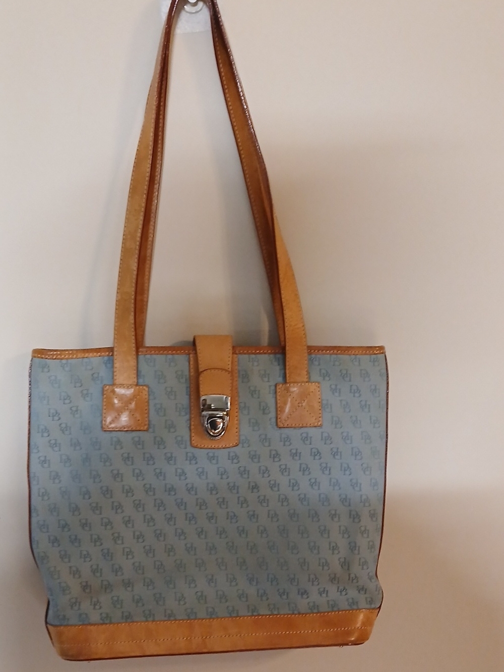 Dooney & Bourke Blue Monogram Canvas Tote with Tan Leather Trim